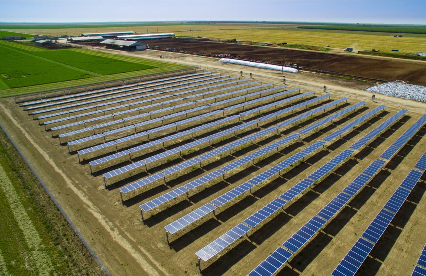 Birds eye view of solar farm with rows of blue panels surrounded by green agriculture fields.