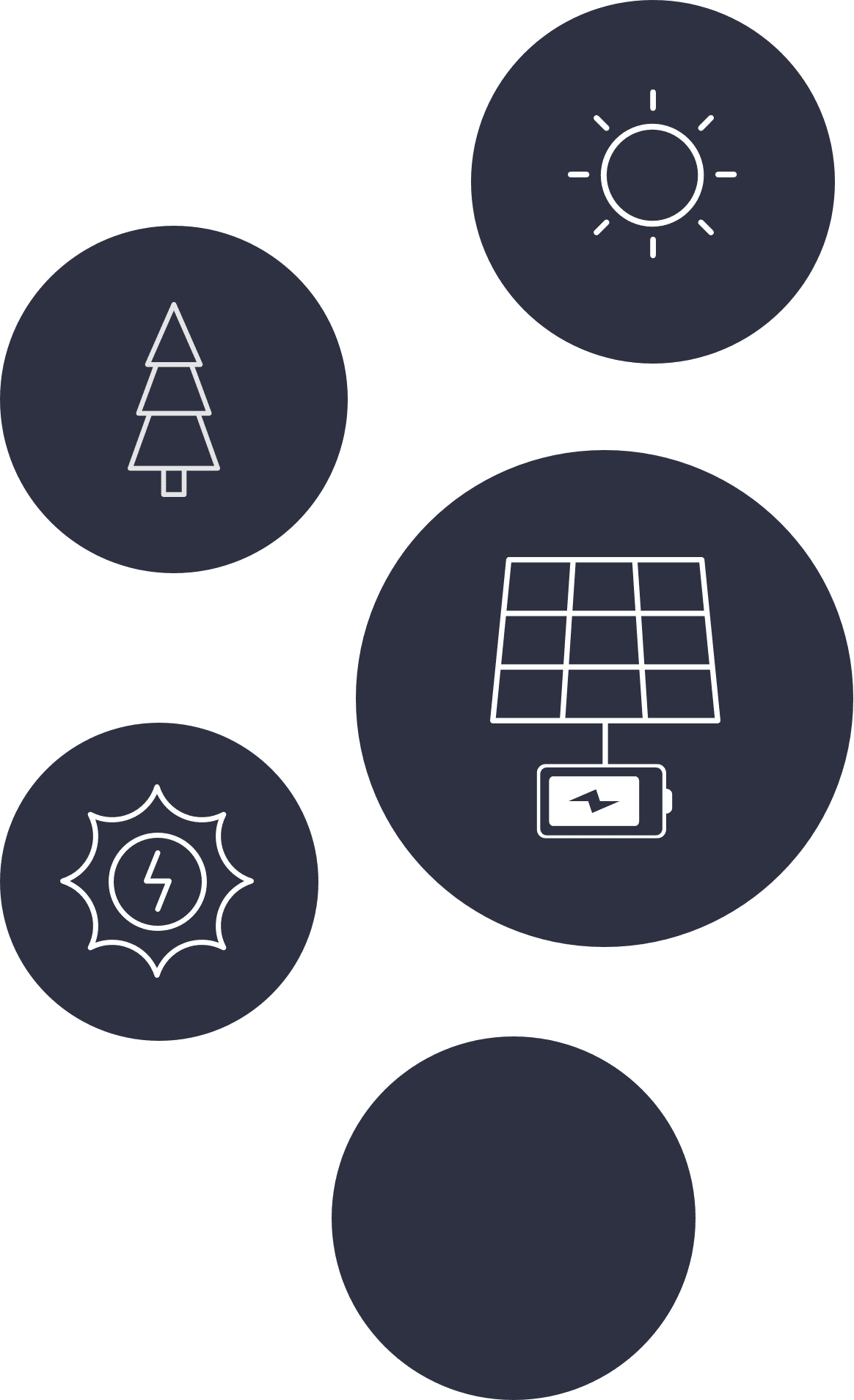 Dark blue circles with a illustrated sun, illustrated tree, illustrated solar panel and battery and illustrated lighing bolt.