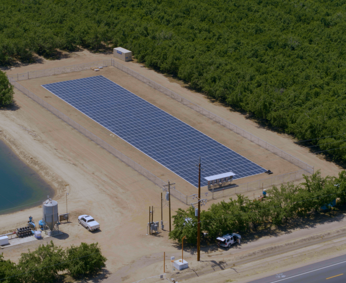Birdseye view of a rectangular field of solar panels around trees.