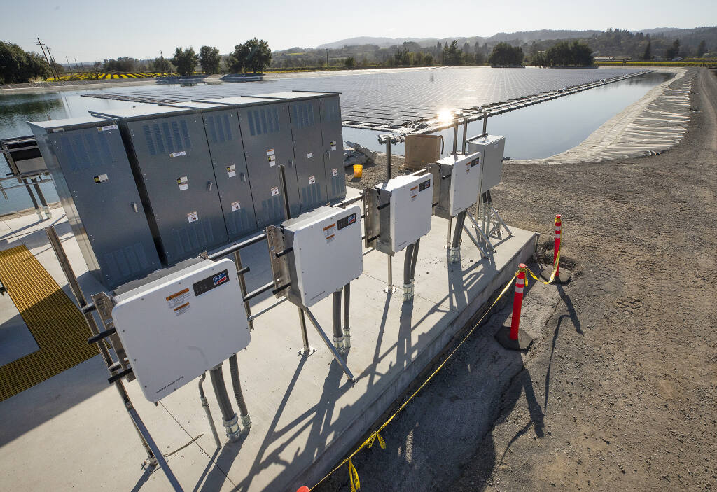 The floating solar arrays covering two tertiary wastewater ponds.