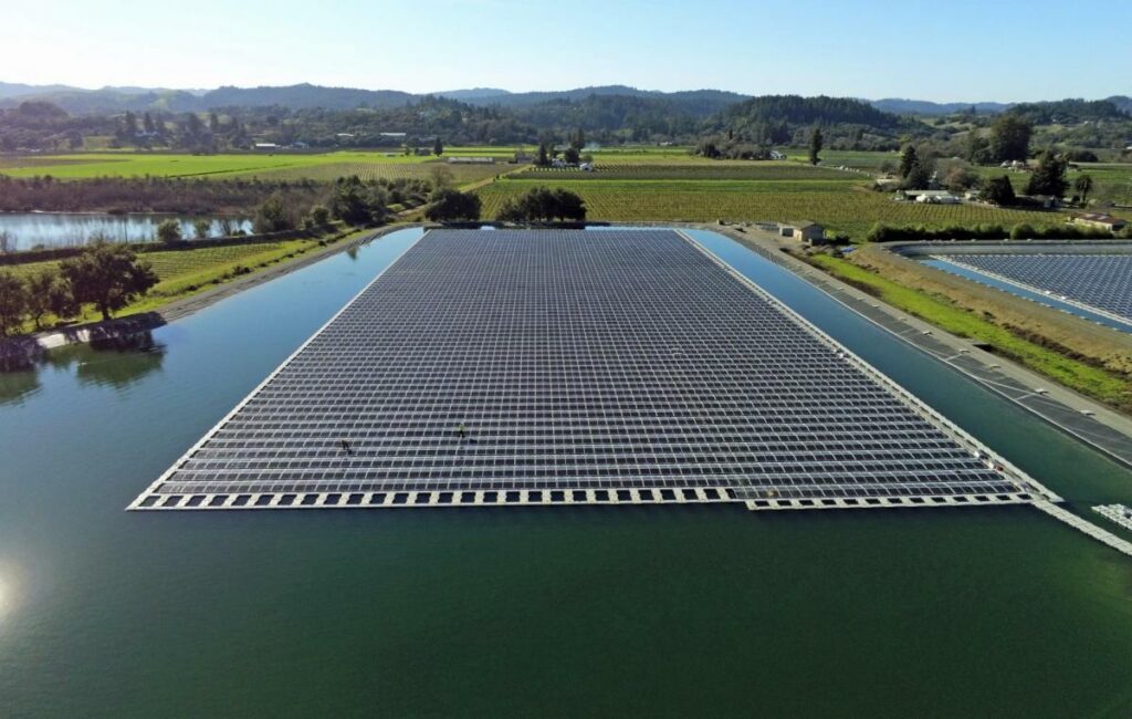 Floating solar panels on a wastewater treatment pond